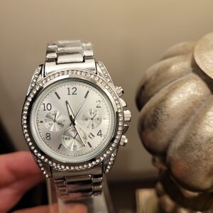 Brand New Unisex Silver Watch with Diamond Crystal Accents